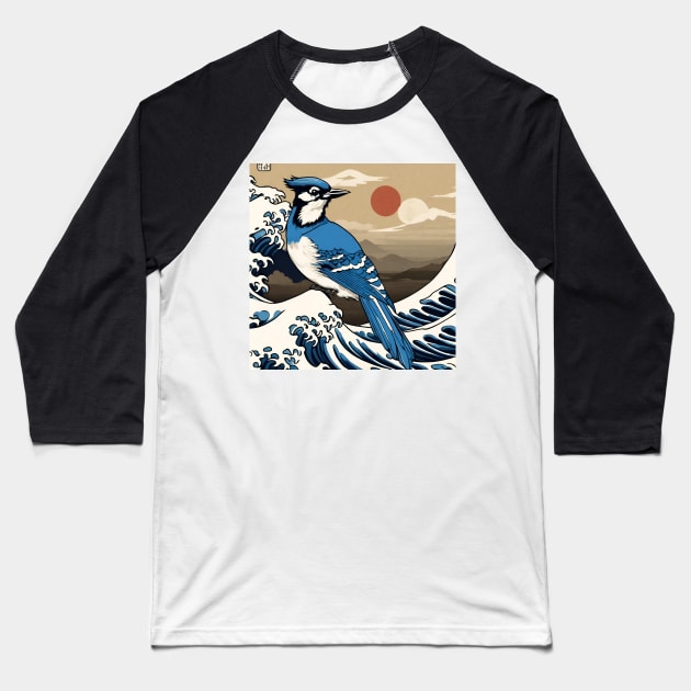 Vintage Blue Jay Bird in Sunset with The Great Wave Bird Watching Dad Baseball T-Shirt by wigobun